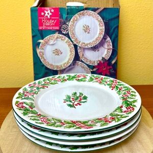 Vintage Holiday Christmas Salad Plates Mervyn’s Majesticware Holly Ribbon Wreath